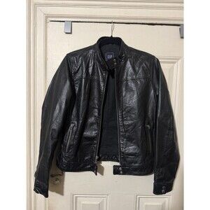 Vintage 2006 GAP Genuine Cow Leather Moto Jacket Women M Black Stand Collar